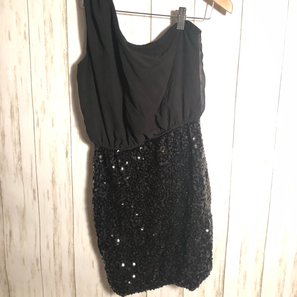 Black sequin, one shoulder mini dress. Size S